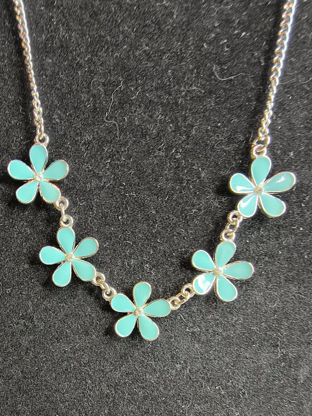 Charming Charlie Silver Tone Blue Enameled Flower Necklace